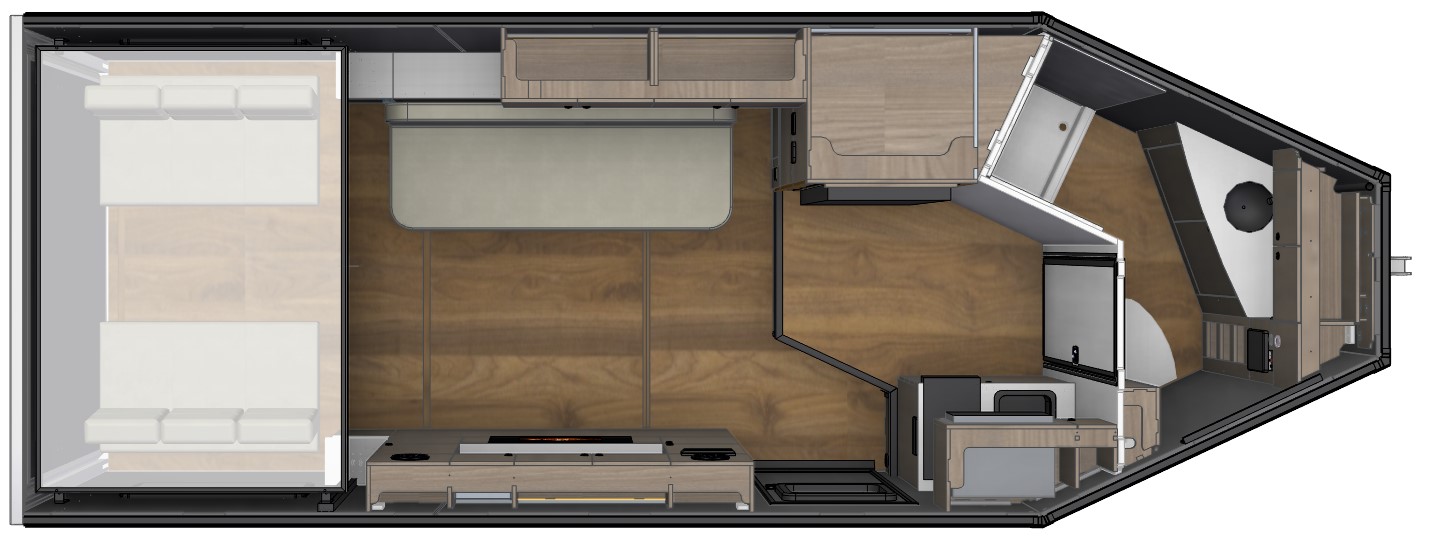 Top 3d model view of the CORE RV 8022 model with 3/4 bath, kitchen, fold down sofa and lift/lower bed and dinette lower seating