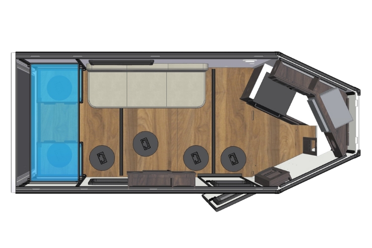 3D model of pkg41 in the CORE ICE 65xx trailer featuring a wall mount sofa, dinnette and bunk with small kitchenette and woodgrain floor
