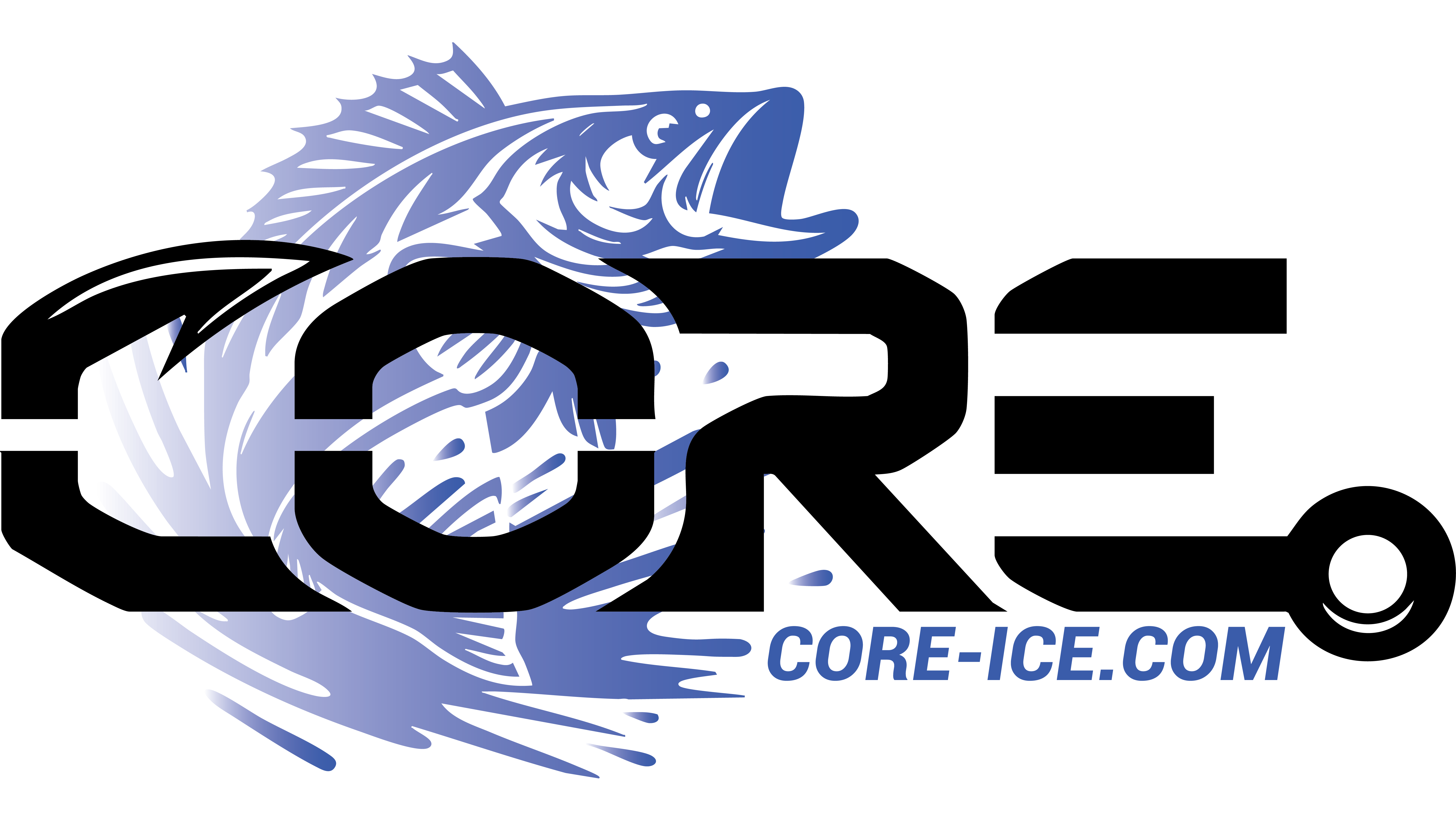 CORE ICE logo with blue walleye behind with the core-ice.com website underneath