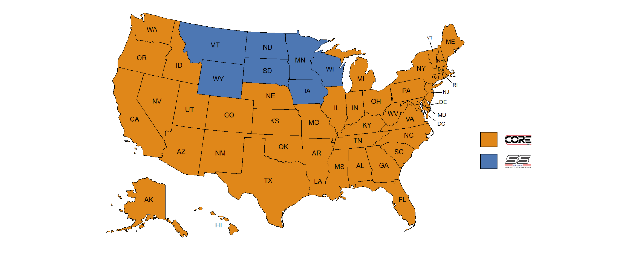 Current US map showing colored regions in orange and blue - signifying where each differing distributor is