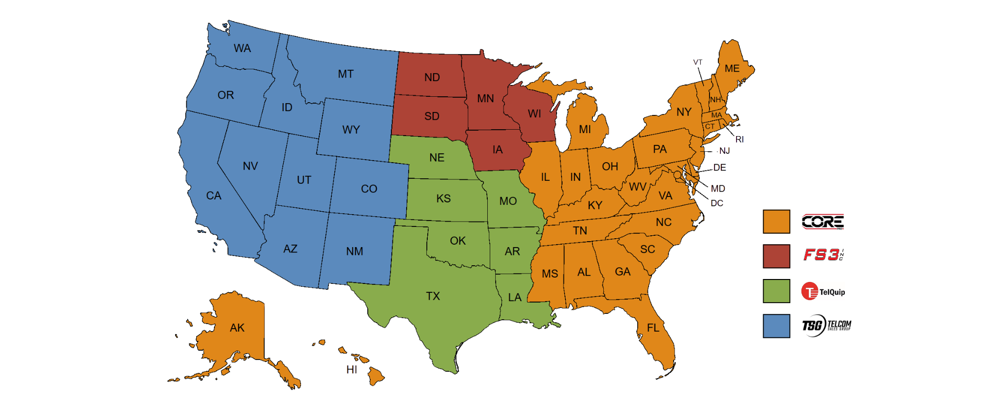 Current US map showing colored regions in orange, blue, red and green - signifying where each differing distributor is