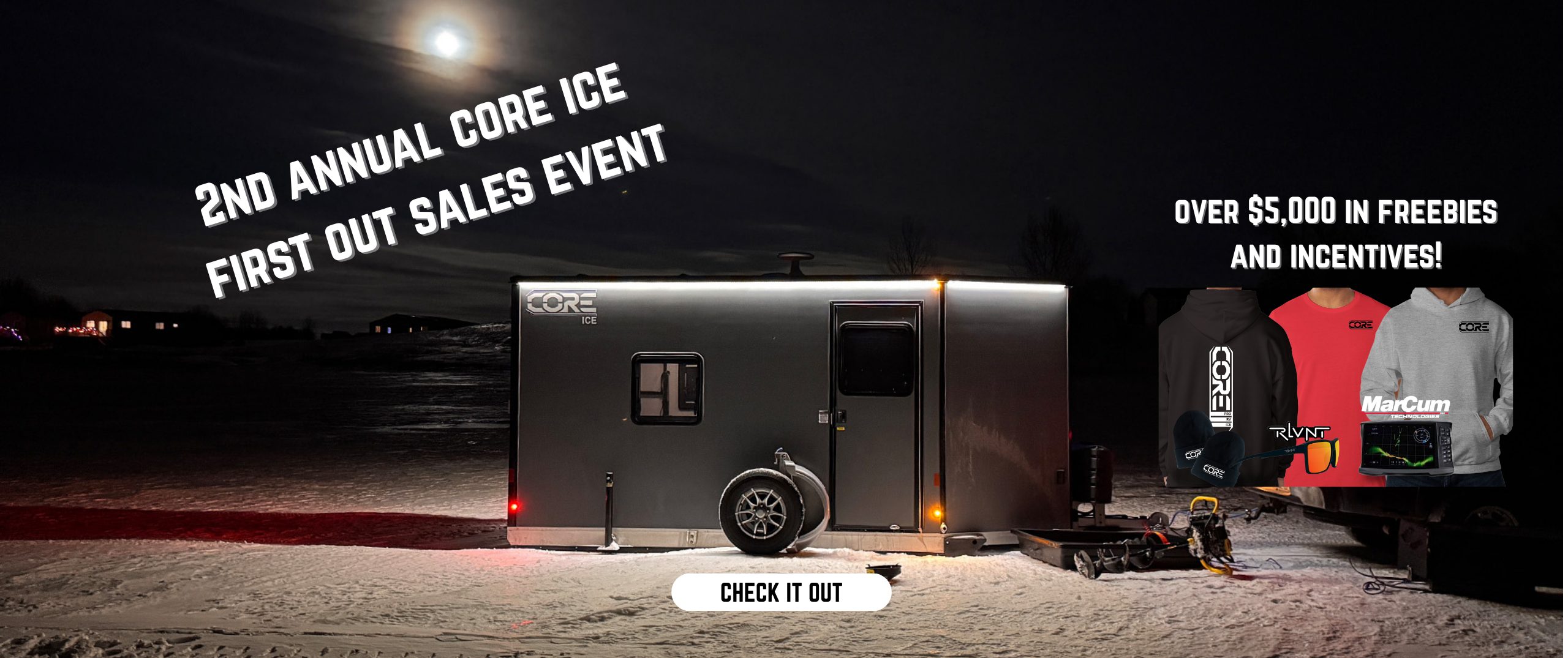 A CORE ICE trailer being pulled behind a side by side through the woods, winter scene, onto the ice in winter to ice fish